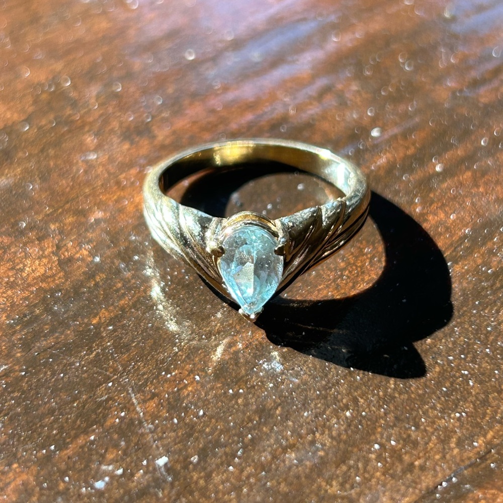 Designer JC Luxury Stamped Gold Aquamarine Teardrop Diamond Vintage Style Ring
